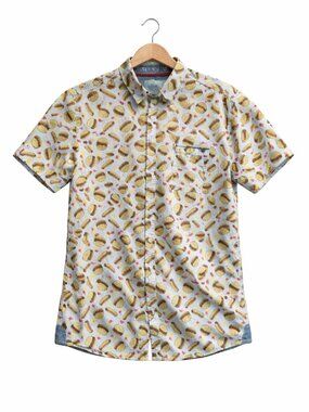 Good Vibes Food Print Button Up Shirt Men M Slim Hamburger Hot Dog BBQ Summer
